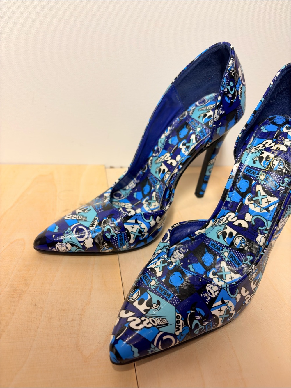 Shoe Republic LA Blue Graphic Patent Pointed-Toe Stilettos